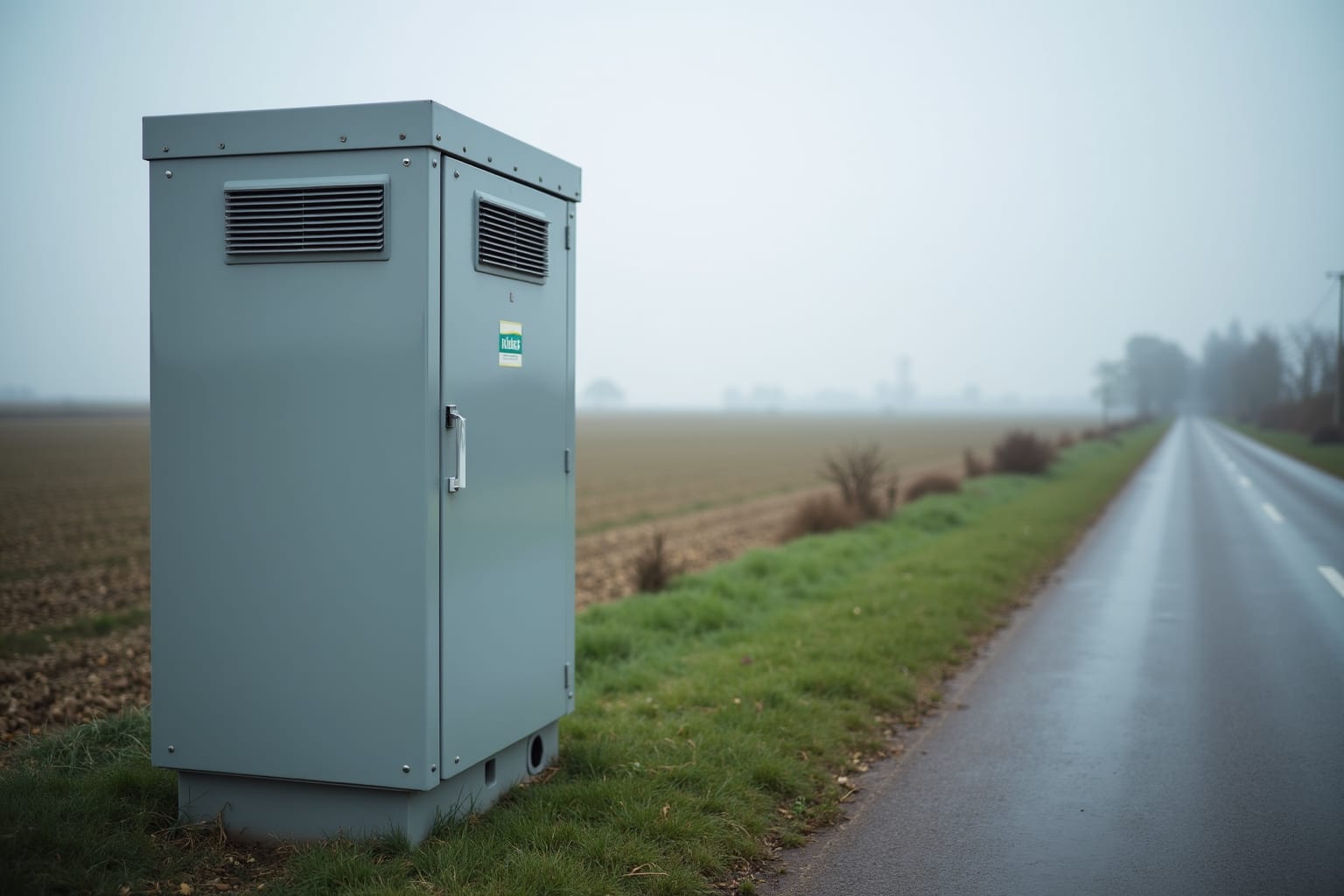 Een grijze elektriciteitskast langs een landweg, met akkers op de achtergrond.
