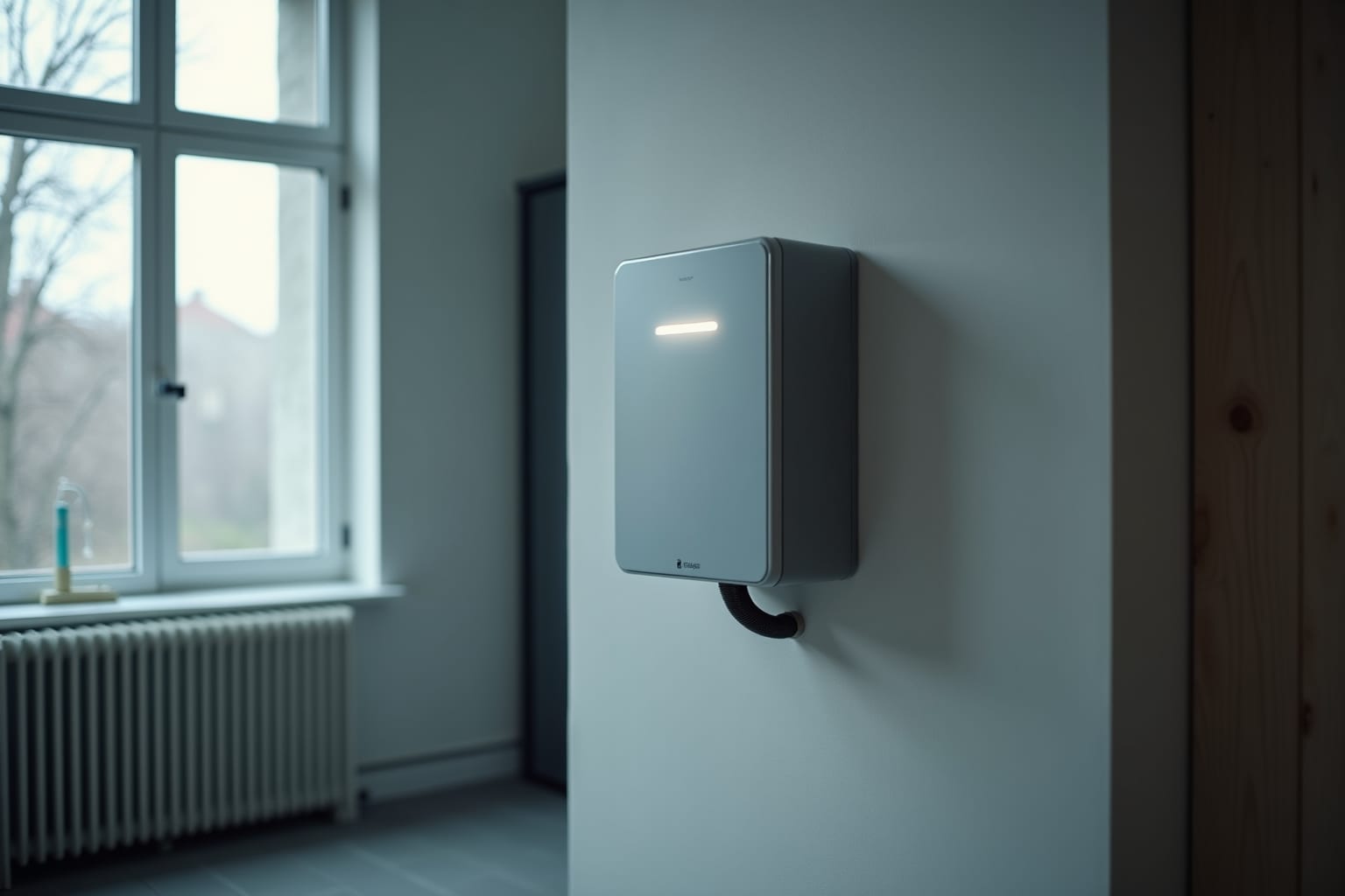 Een thuisbatterij aan de wand van een meterkast, met een lampje dat aangeeft dat hij actief is.