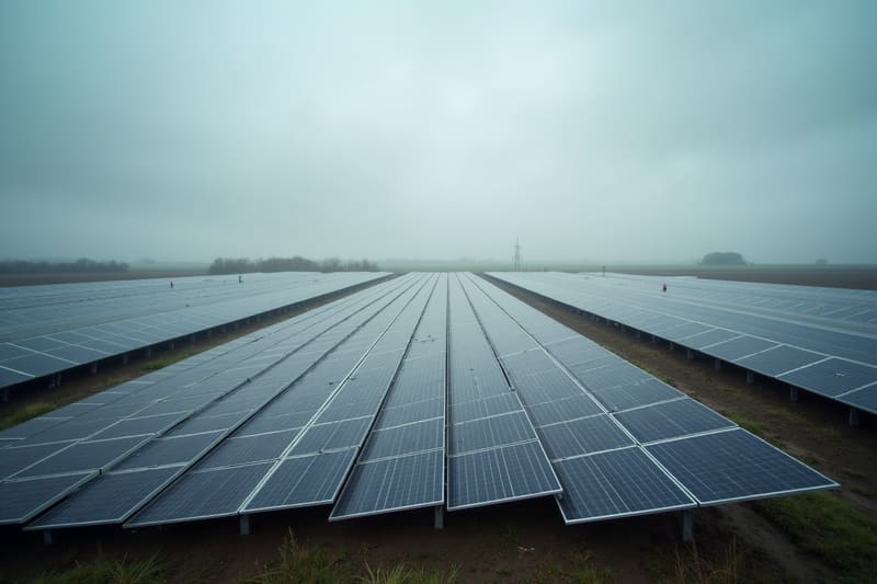 Een zonnepark met rijen zonnepanelen onder een bewolkte lucht.