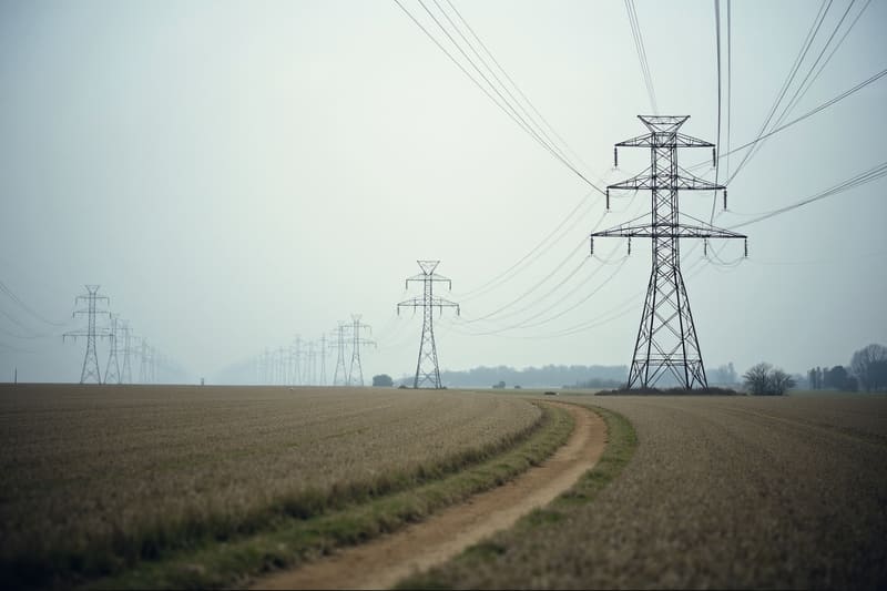 Hoogspanningsmasten in een landelijk gebied bij zonsondergang.