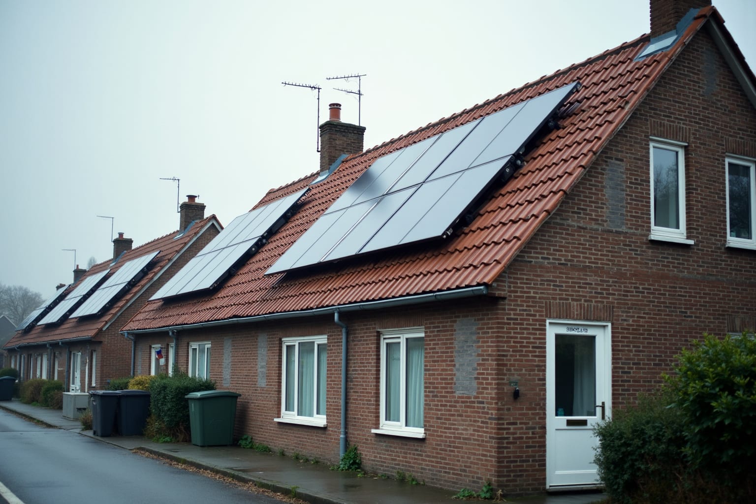 Zonnepanelen op het schuine dak van een gewone rijtjeswoning.