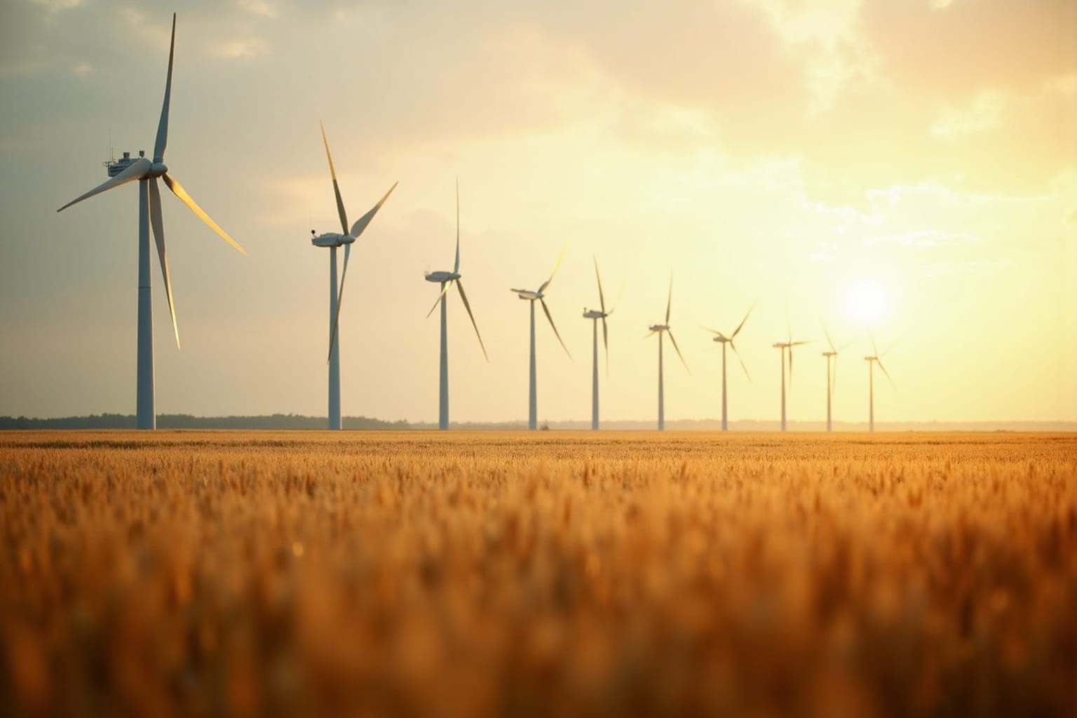 Windturbines in een tarweveld bij zonsopkomst